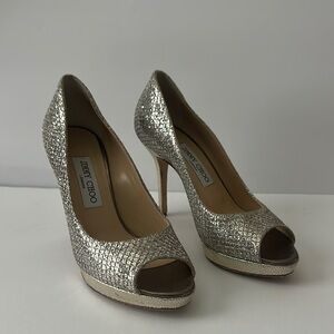 Jimmy Choo Luna platform pumps champagne glitter stiletto heels~ 37.5